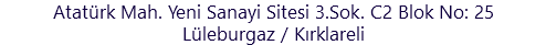 Atatürk Mah. Yeni Sanayi Sitesi 3.Sok. C2 Blok No: 25
Lüleburgaz / Kırklareli